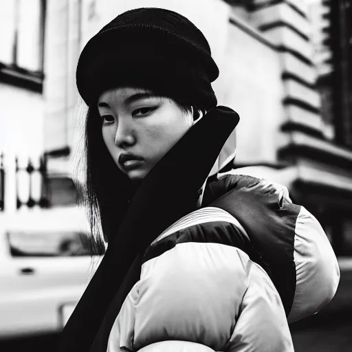 Prompt: black and white extremely beautiful photograph of a woman wearing an oversized orange puffer jacket in the style of dingyun zhang, yeezy, kanye west, balenciaga, vetements