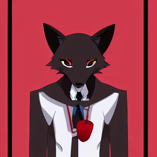 Image similar to key anime visual professional art of a close shot of an anthropomorphic black male fox anthro fursona, wearing a pomegrante colored business suit, handsome male eyes, anime office interior, official anime still