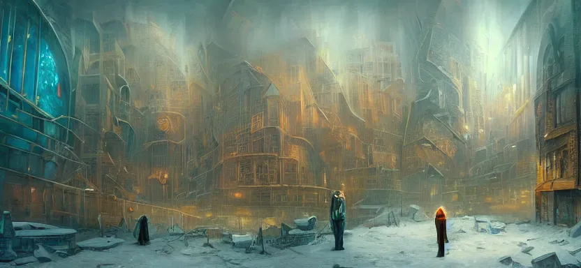 Image similar to beautiful masterpiece painting of a dystopian city trapped inside a snow globe, grunge cyberpunk, by Remedios Varo and Anato Finnstark and Greg Rutkowski, artgerm, 8k,