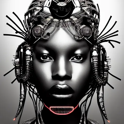 Image similar to portrait of an absurdly beautiful, graceful, sophisticated, fashionable black cyberpunk mechanoid gravure idol, hyperdetailed illustration by irakli nadar, alek wek, matt wisniewski style, intricate linework, dark skin, neon jellyfish headdress, intricate ivory carved ruff, unreal engine 5 highly rendered, global illumination, radiant light, detailed and intricate environment