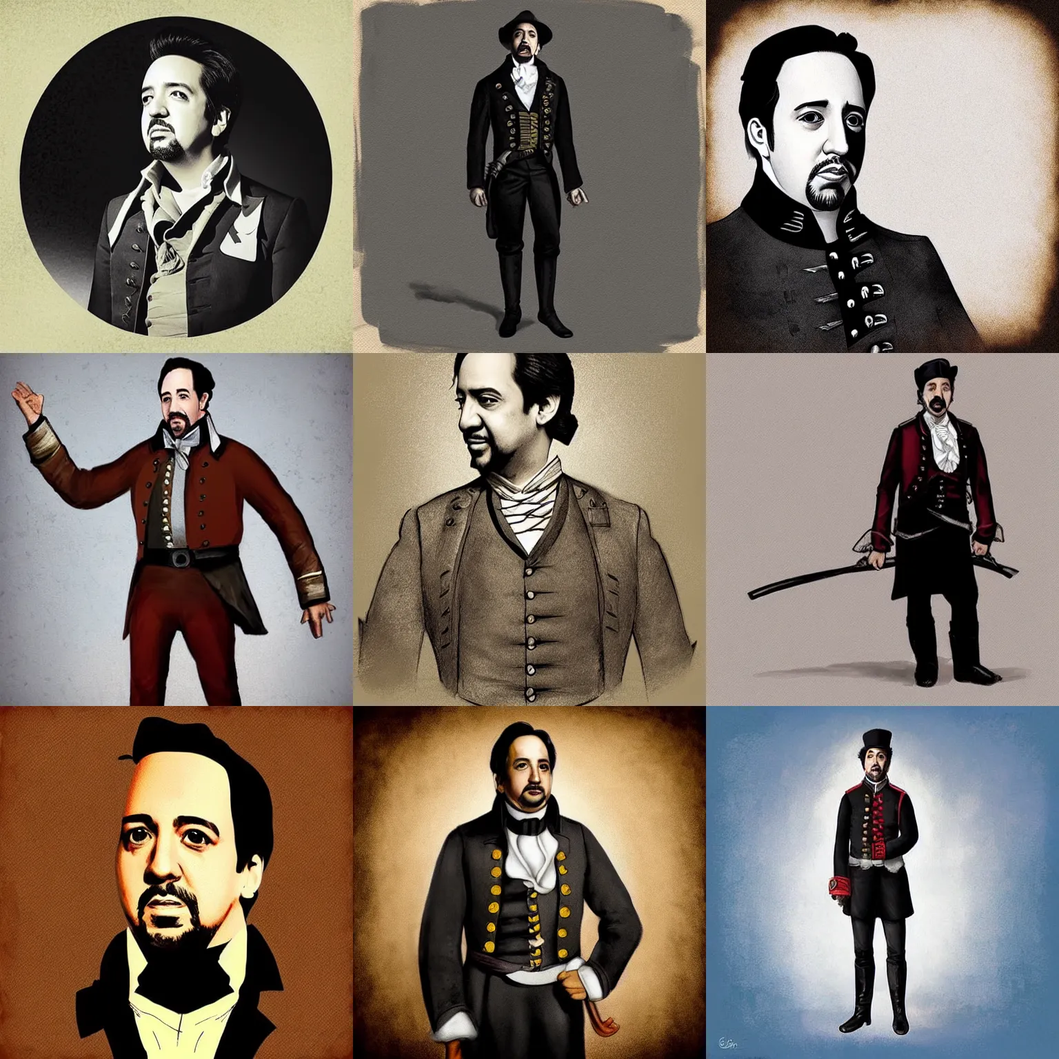 Prompt: “Lin-Manuel Miranda, dressed in civil war clothing, full body, digital art”