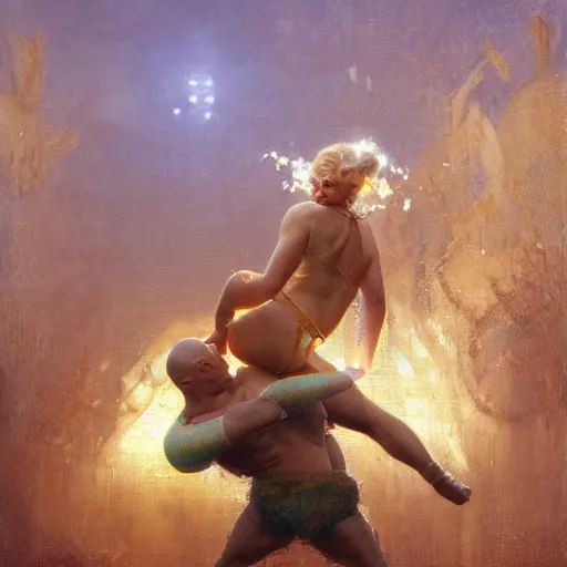 Image similar to bald wrestler breaking blonde wrestler's back, radiant light, caustics, heroic, bright iridescent light, by gaston bussiere, bayard wu, greg rutkowski, maxim verehin, epic wrestling combat, legendary