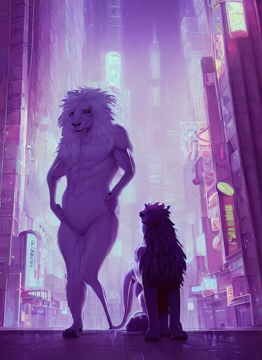 Image similar to beautiful portrait commission of a giant albino male furry anthro lion overlord controlling a vaporwave city at night in the rain below him. Neon light. Atmospheric. Character design by charlie bowater, ross tran, artgerm, and makoto shinkai, detailed, inked, western comic book art, 2021 award winning painting