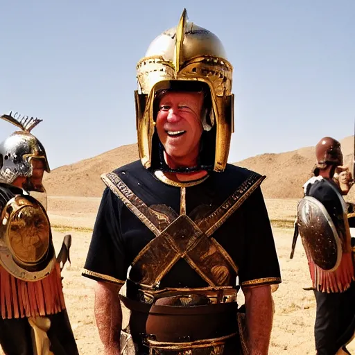 Prompt: joe biden wearing a roman helmet whilest standing infront of a roman army in the desert.