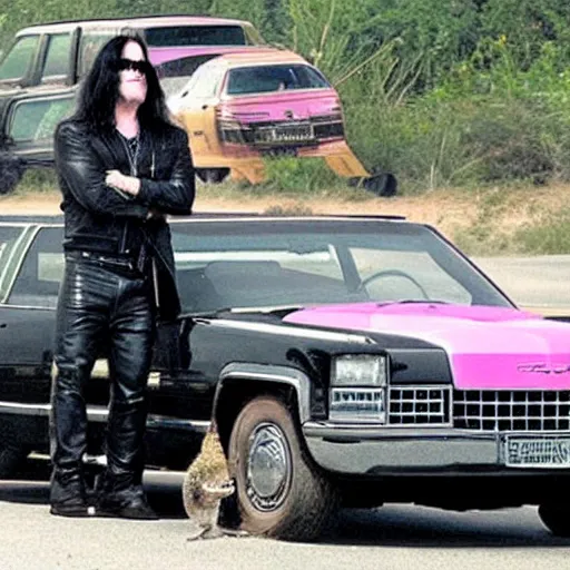 Image similar to crocodile driving a pink cadillac took the wrong exit of the 4 0 5, glenn danzig is hitchhiking on the side of the road, in the style of hieronymus bosch