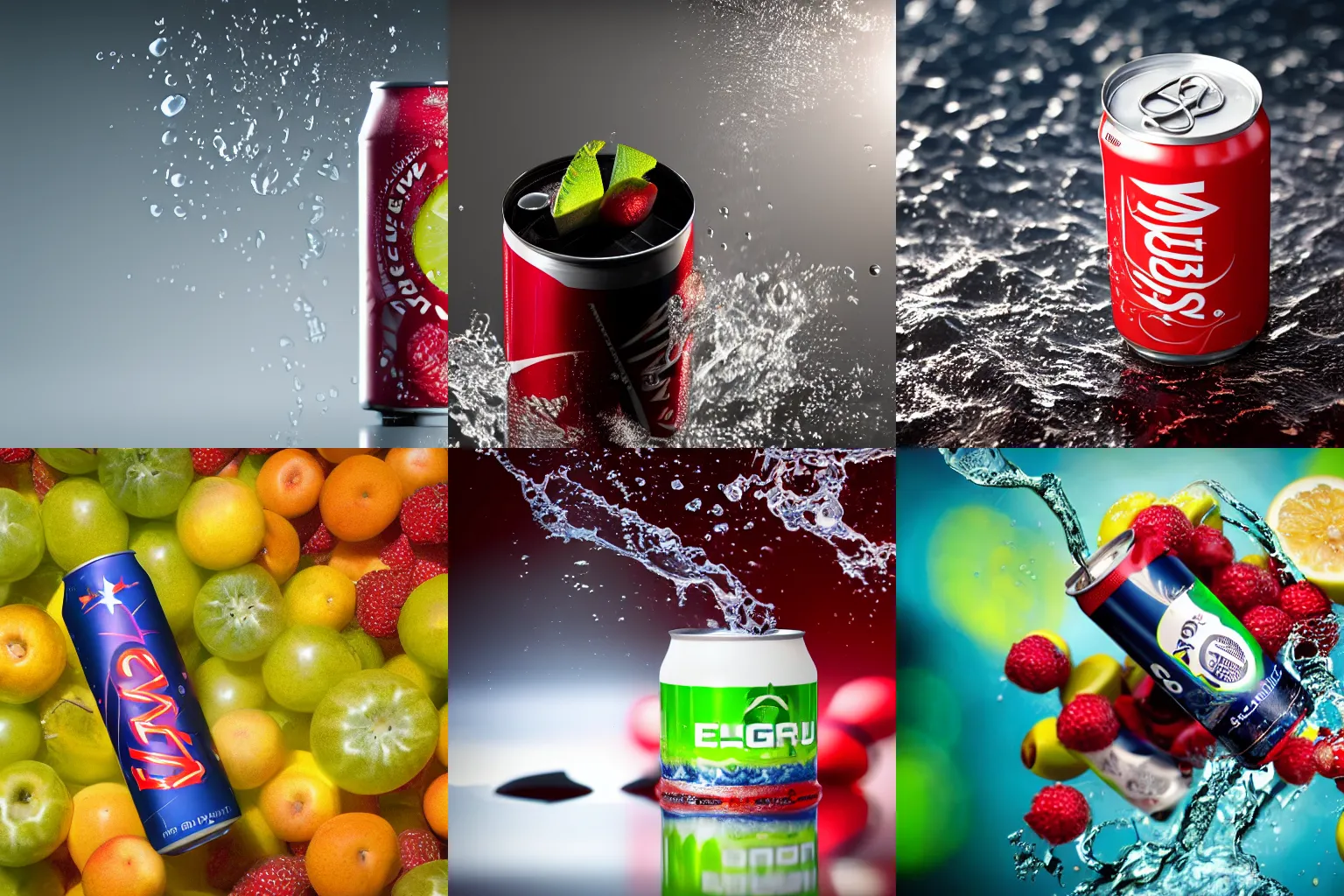 Prompt: a energy drink in can, shot from commercial, high depth of field, splashing water and fruits, refreshing, vray 8k