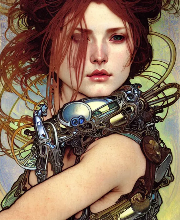 Prompt: realistic detailed face portrait of a beautiful futuristic italian renaissance warrior queen in alien cyberpunk armor by alphonse mucha, ayami kojima, amano, greg hildebrandt, and mark brooks, female, feminine, art nouveau, italian renaissance cyberpunk, venetian glass, neo - gothic, gothic, character concept design