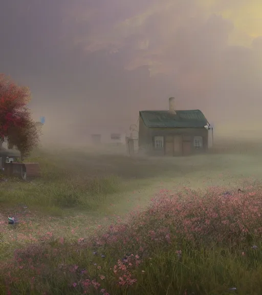 Prompt: a matte painting of a biroremediation architecture, prairie, cottage town, foggy, patchy flowers, oil painting, pale colors, high detail, 8 k, wide angle, trending on artstation,