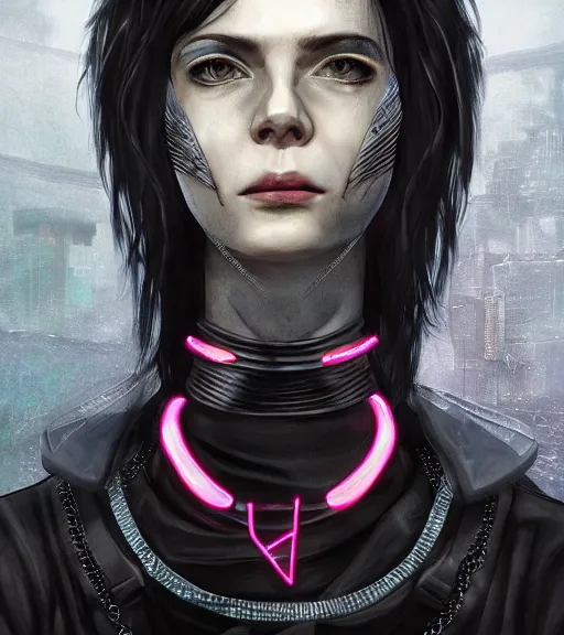 Image similar to detailed realistic cyberpunk female character cyberpunk wearing steel collar around neck, realistic, art, beautiful, 4K, collar, choker, collar around neck, punk, artstation, detailed, female, woman, choker, cyberpunk, neon, punk, collar, choker, collar around neck, thick collar, choker around neck, wearing choker, wearing collar, bright neon punk hair,