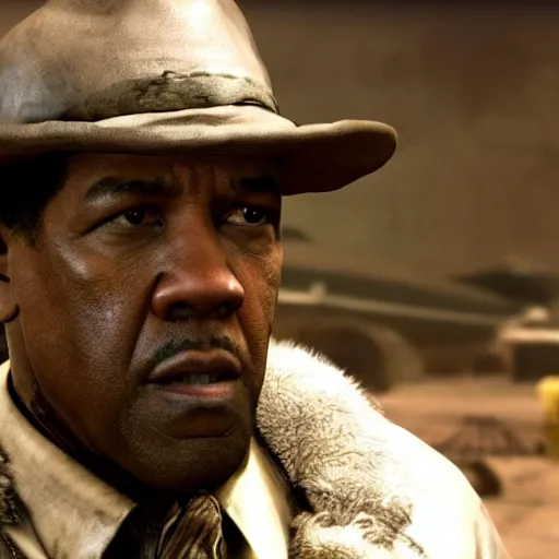 Prompt: Denzel Washington in fallout new vegas, movie still, face close-up, in color, detailed face, 4k