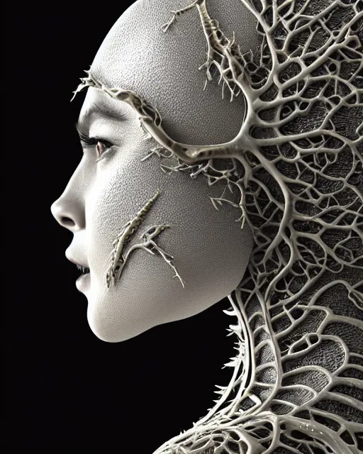 Image similar to bw close - up profile face, black background, beautiful porcelain vegetal dragon cyborg young female, 1 5 0 mm, beautiful natural soft rim light, silver gold details, magnolia leaves and stems, roots, fine lace, mandelbot fractal, elegant, ultra detailed, white metallic armour, octane render, h. r. giger style