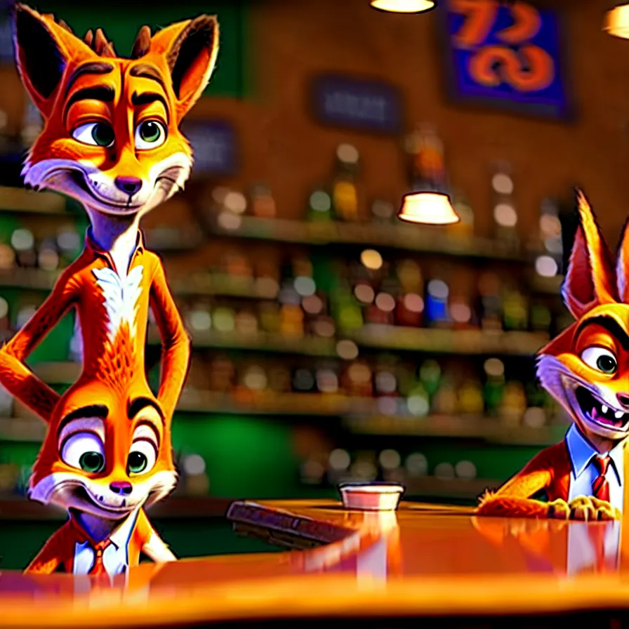 Image similar to Nick Wilde (from Zootopia) dressed in his usual outfit, sitting right across the bar from you.