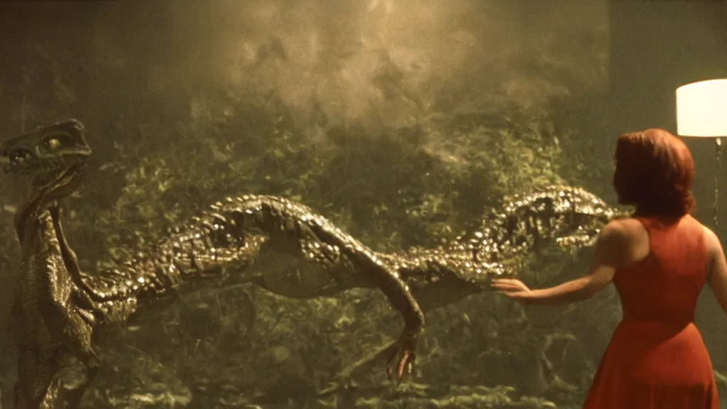 Image similar to movie scene of a girl transforming into a draconian humanoid, reptil, reptilian, movie still, cinematic composition, cinematic light, criterion collection, reimagined by industrial light and magic, Movie by David Lynch and Ridley Scott