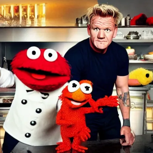 Image similar to photo of gordon ramsay eating a muppet