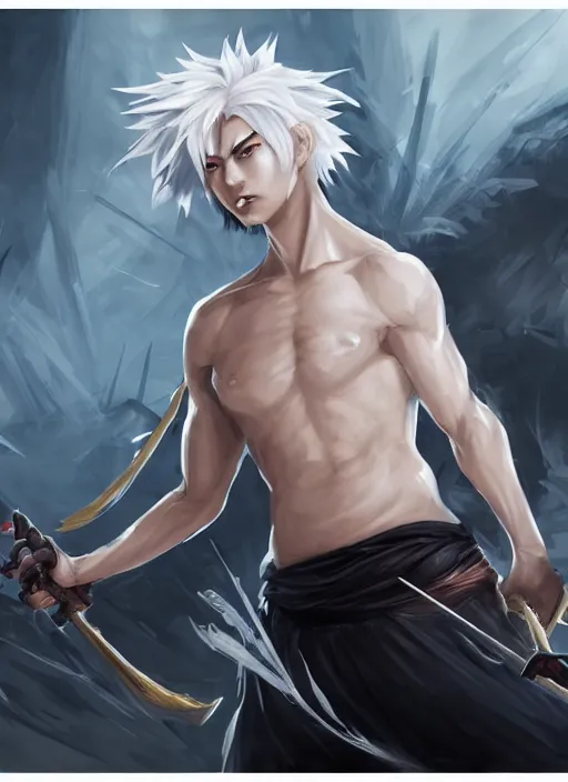 Image similar to a highly detailed illustration of fierce short white haired parted through the middle young attractive asian man, wearing hakama, with black sclera eyes, heroically battle posing, muscular, intricate, elegant, highly detailed, centered, digital painting, artstation, concept art, smooth, sharp focus, league of legends concept art, WLOP