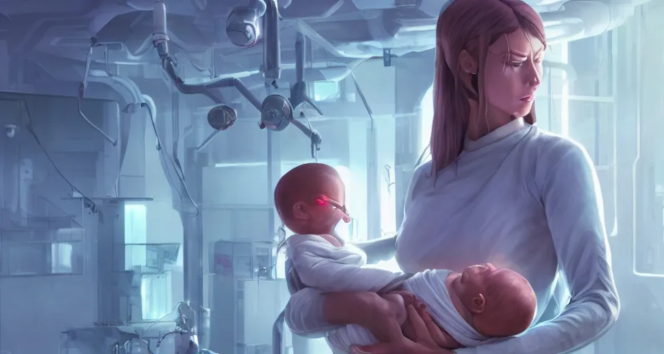 Image similar to a very very very very very very realistic still of a woman holding a newly born cyborg baby in a cyborg factory, rendered by beeple, by makoto shinkai, syd meade, starwars, space art concept, sci - fi, digital art, unreal engine, wlop, trending on artstation, 4 k uhd image, octane render