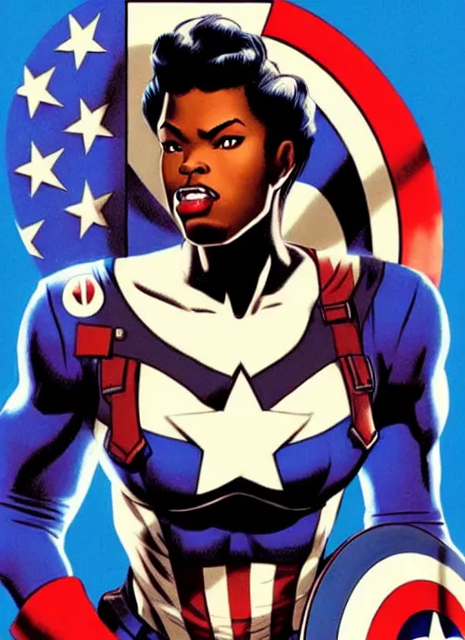 Image similar to beautiful black female captain america. afro - feminist captain america wins wwii. american wwii propaganda poster by james gurney, rob liefeld and pixar. gorgeous face. overwatch, realistic. black power