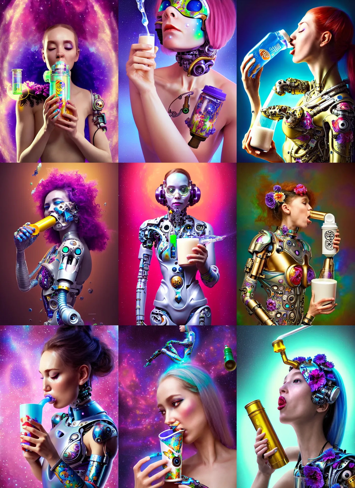 Prompt: polished lush galactic ornate floral edm cyborg woman drinking milk through a tube : : weta disney pixar movie still photo : : hi - fructose, sci fi, decadent highly - detailed digital painting, golden ratio, octane render, artstation, smooth, sharp focus, artgerm mucha, loish, wlop : :