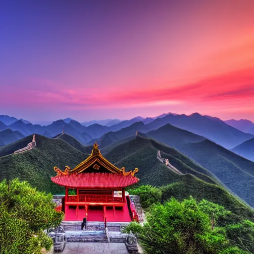 Image similar to a beautiful wide angle HDR photograph of a distant Chinese temple in a vast mountain valley at sunset