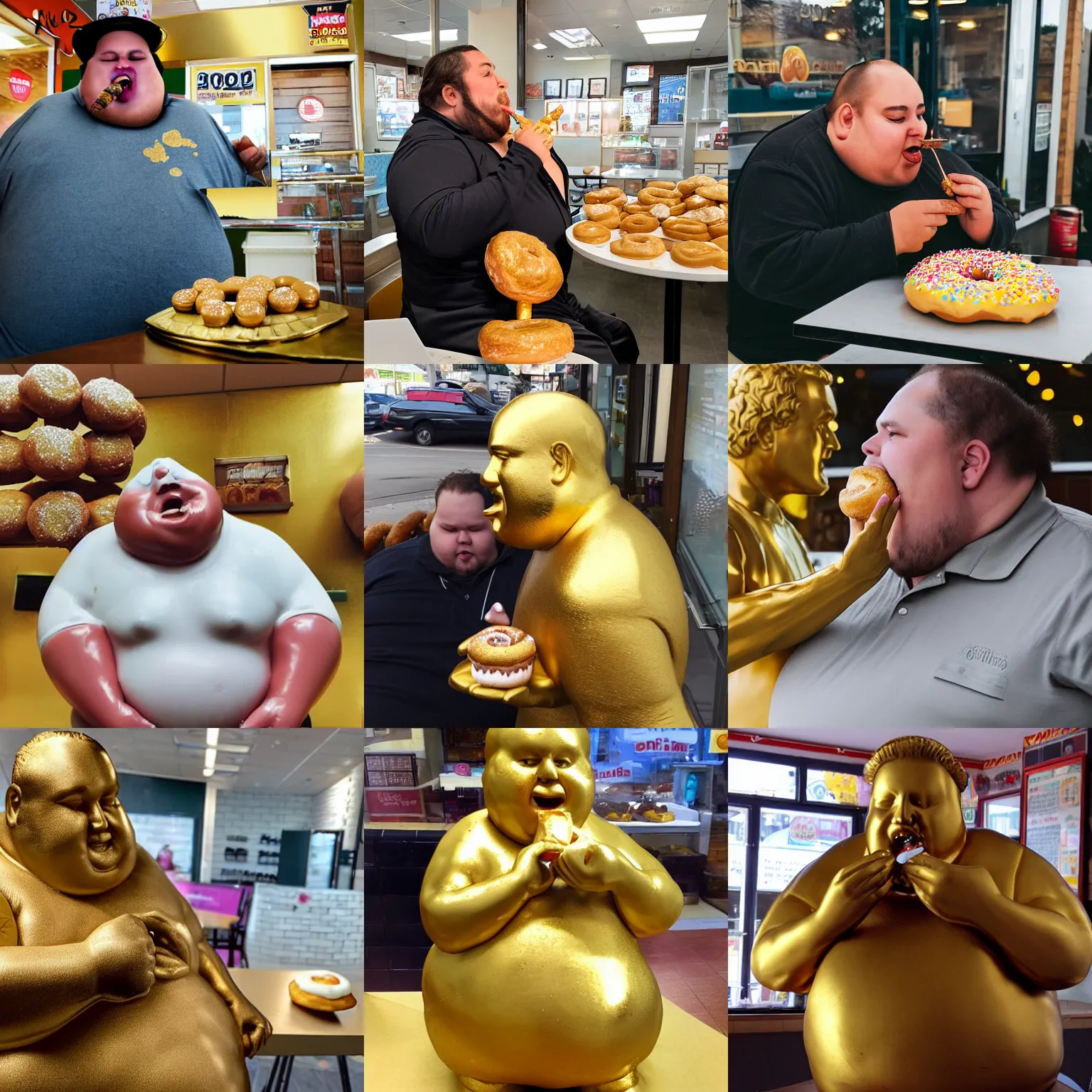 Prompt: candid photo of a gold statue of a fat man eating a donut. at the donut shop, messy eater