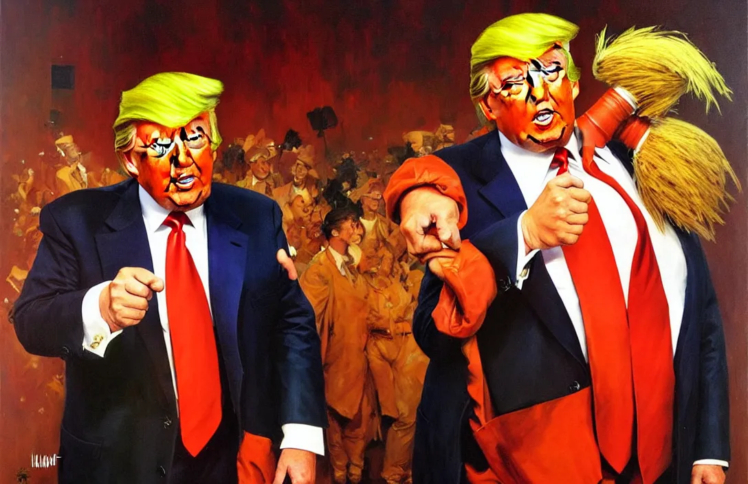 Image similar to donald trump as an oompa loompa!!!!!!!!!!!!!!!!!!!!!!!!!!!, detailed face, detailed painting,, epic lighting, by ilya repin, phil hale and kent williams