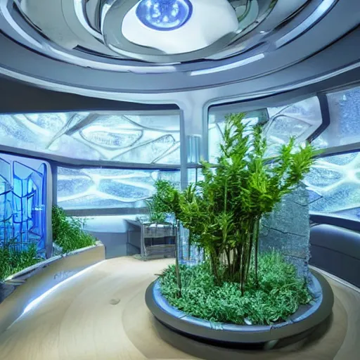 Prompt: a large blue futuristic room, startrek style, filled with plants, vegetation, rocks