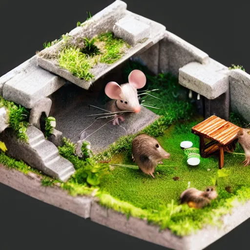 Prompt: mouse build a utopia out of a trashy human bathroom, photo realistic, isometric, tilt shift, nat geo award winner