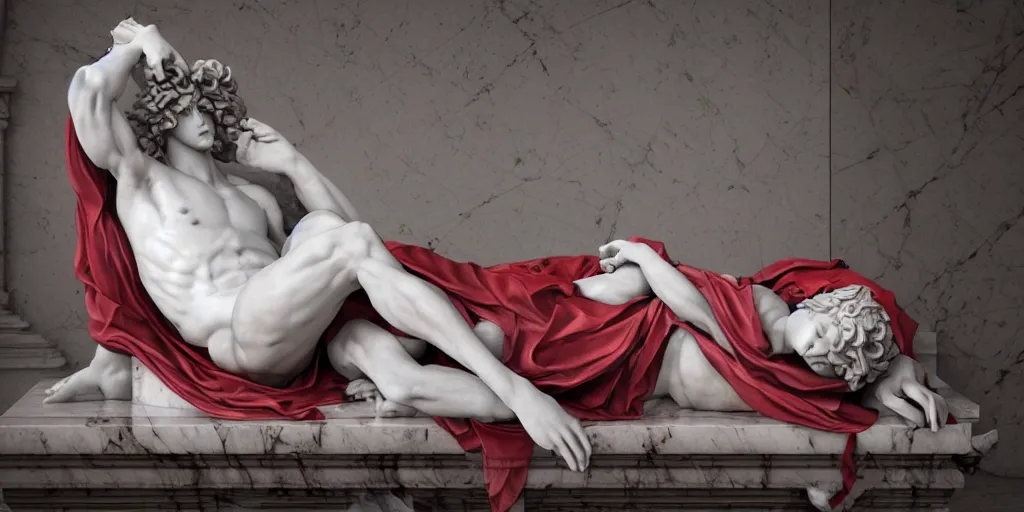 Prompt: baroque delicate full-body marble sculpture of handsome teenage demon boy laying back with arm behind his head while checking his notifications on his phone, red silk flowing fabric, marble white columns, black plastic, black tar particles, iridescent accents, sakura color scheme, intricate artwork by caravaggio, Trending on artstation, octane render, cinematic, hyper realism, octane render, 8k, depth of field, bokeh