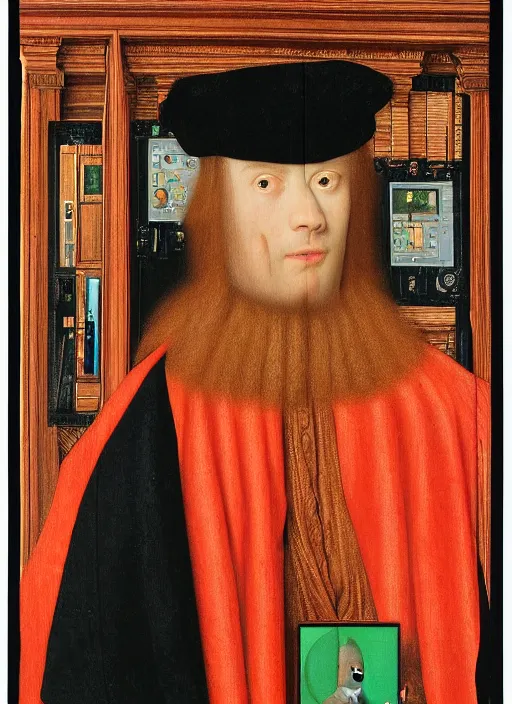 Image similar to a portrait of a person jacked into their cyberdeck by Jan van Eyck