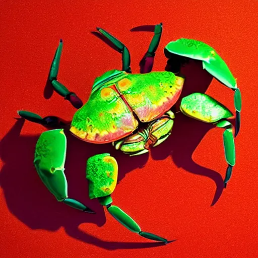 Image similar to photorealistic watermelon colored crab. hyperdetailed photorealism, 1 0 8 megapixels, amazing depth, glowing rich colors, powerful imagery, psychedelic overtones, 3 d finalrender, 3 d shading, cinematic lighting, artstation concept art