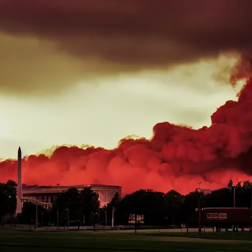 Image similar to dystopian, gloomy, destroyed washington dc, dark blue smoke, red clouds, ominous sunset, detailed, award winning, masterpiece, photograph, cinematic, hyperrealism