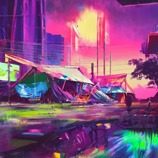 Image similar to acrylic painting, strong emotional impact, bold pastel colors, expressive brushstrokes, overall sense of movement in the composition. hippie bohemian encampment with tie - dye tents and a garden. cyberpunk art by liam wong, cgsociety, panfuturism, nature utopia, anime aesthetic