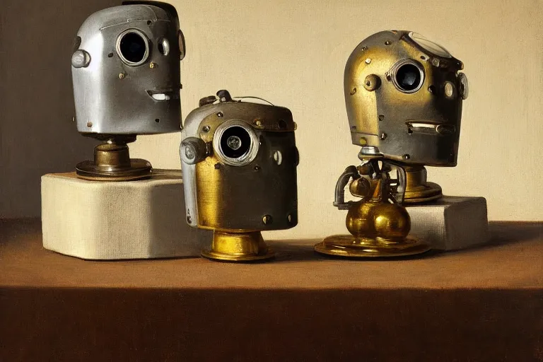 Image similar to still life painting of old vintage robot heads by pieter claesz, oil on canvas, strong lighting, highly detailed, hyper realism, golden hour, god rays, hd, 4 k