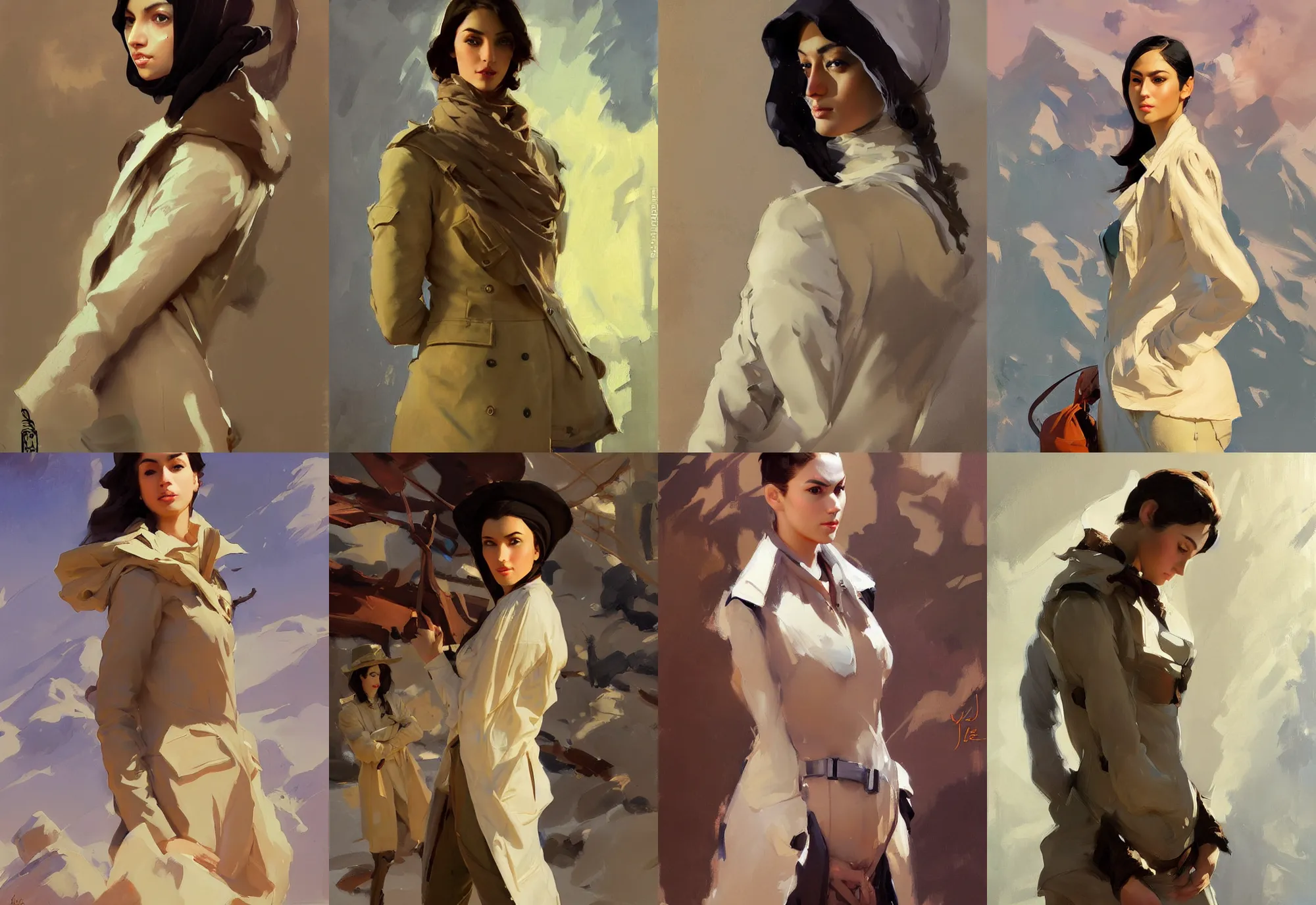 Image similar to portrait of russian iranian asian african model girl jodhpurs winter traveler greg manchess painting by sargent and leyendecker, studio ghibli, fantasy, medium shot, asymmetrical, intricate, elegant, matte painting, illustration, hearthstone, by greg rutkowski, by greg tocchini, by james gilleard, by joe fenton