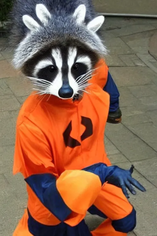 Image similar to a racoon dressed up as goku, realistic.