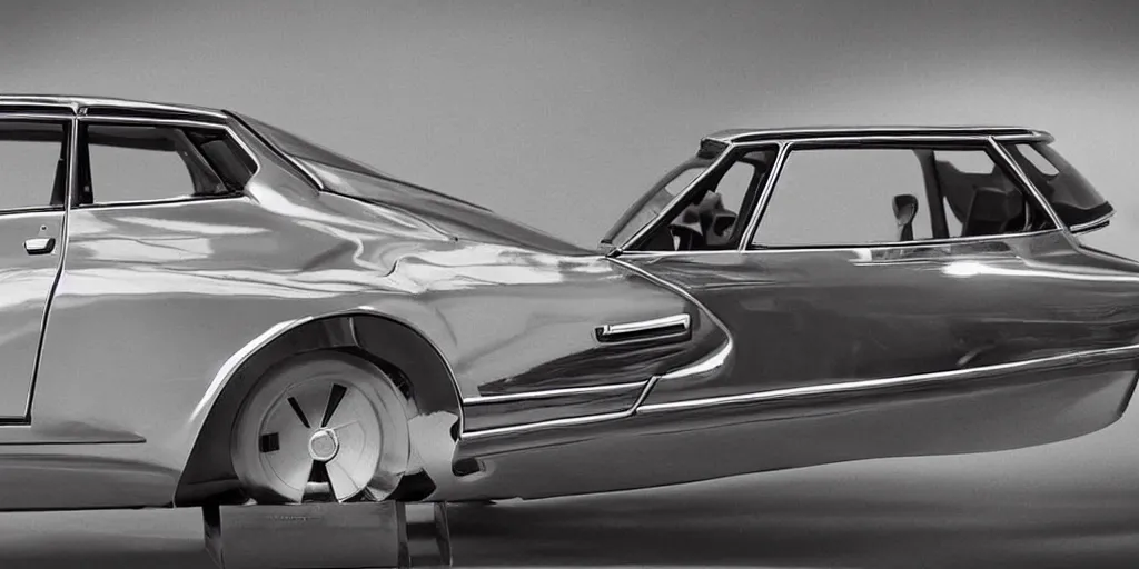 Prompt: A concept model of a 1975 citroen DS, science fiction set painted by James Jean, cinematography by Darren Aronofsky, composition by Fritz Lang