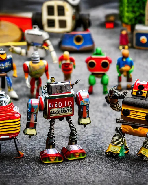 Image similar to high quality presentation photo of a a detailed miniature diorama of retro toy robots invading a detailed model of a 1950s town, photography 4k, f1.8 anamorphic, bokeh, 4k, Canon, Nikon