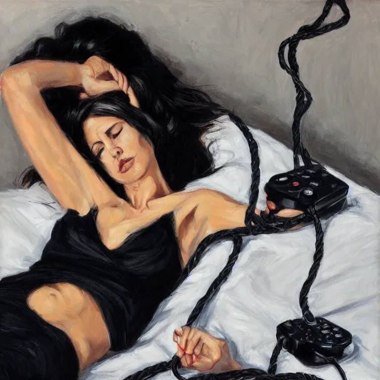 Image similar to Ground Level Shot, long shot of a beautiful dark haired woman wearing a black dress, laying on her back on a bed, holding old telephone hand peice with twisted cable by fabian perez