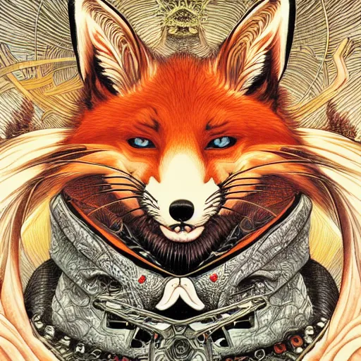 Prompt: portrait of crazy mister fox, symmetrical, by yoichi hatakenaka, masamune shirow, josan gonzales and dan mumford, ayami kojima, takato yamamoto, barclay shaw, karol bak, yukito kishiro