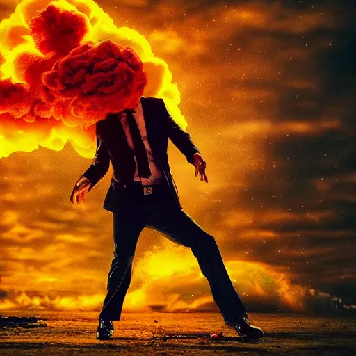 Image similar to hyperreal person with head blown exploding into nuclear cloud very cinematic fine detail, gritty, edgy, dark