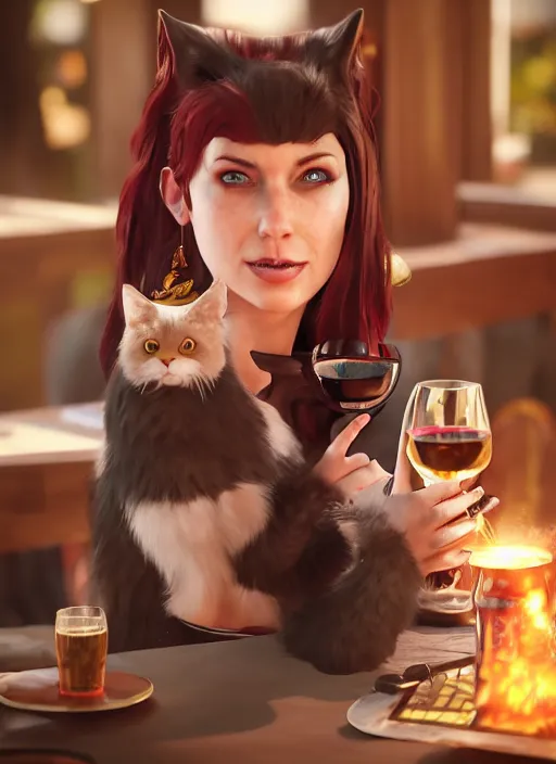 Image similar to An epic fantasy comic book style portrait painting of a cat drinks wine in cafe background, unreal 5, DAZ, hyperrealistic, octane render, cosplay, RPG portrait, dynamic lighting