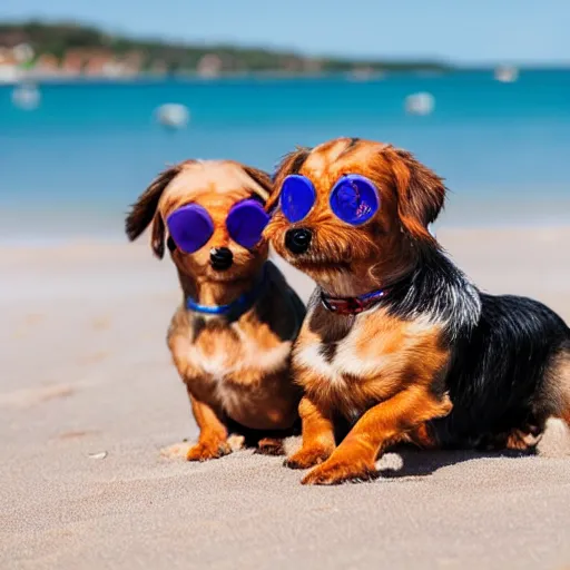 Prompt: 2 married mix of dachshund and shih tzu dogs laying on a a beach with sun glasses on watching their puppies play