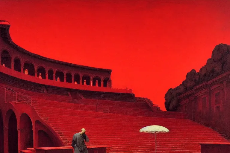 Image similar to only with red, a red great emperor, taormina amphitheatre, expressive crowd hails him, in the style of beksinski, parts by edward hopper, parts by rodcenko, parts by yue minjun, intricate and epic composition, red by caravaggio, insanely quality, highly detailed, masterpiece, red light, artstation, 4 k