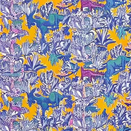 Prompt: a colourful detailed symmetric pattern with dinosaurs and palm trees by William Morris