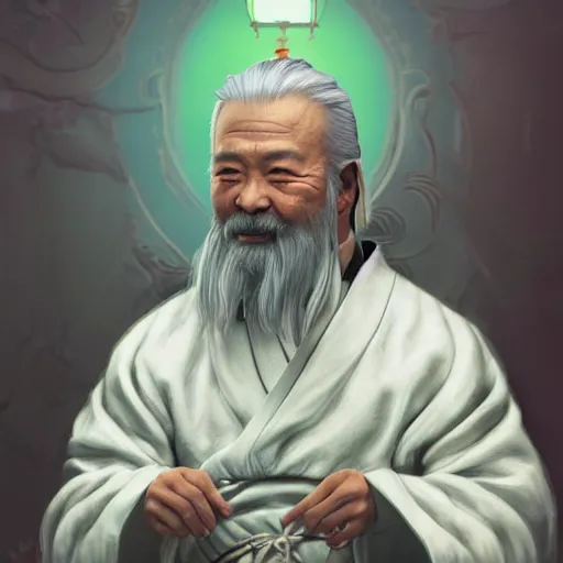 Prompt: portrait painting of a 6 0 year old kind handsome taoist priest, like chaowei liang, silver ponytail hair, amiable by wenjun lin, irakli nadar, bright colors, octopath traveler, wenjun lin, unreal engine 5 highly rendered, global illumination, radiant light, detailed and intricate environment
