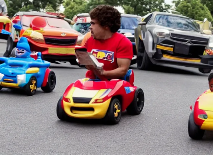 Image similar to peter dinklage racing emmanuel lewis driving a little tikes cars, movie still, from the new fast and furious movie, 8 k, realistic