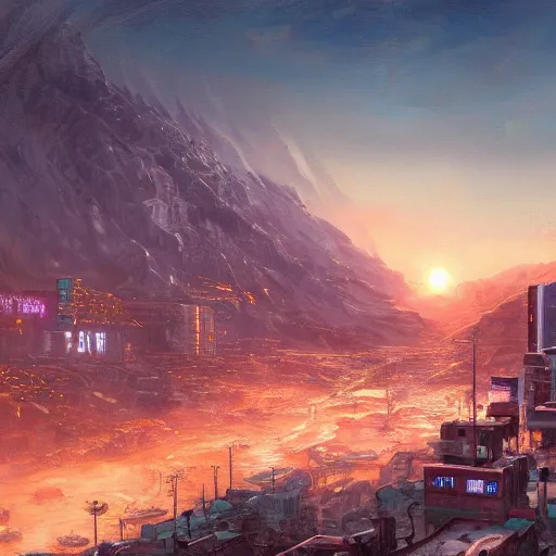 Prompt: beautiful sunset over detailed cyberpunk suburb in a valley surrounded by epic mountains with snowtops, sharp, highly detailed, oil on canvas, kacper niepokolczycki