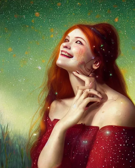 Prompt: a happy young woman looking over shoulder, intricate detailed dress, sitting among the lights of golden fireflies and nature, long loose red hair, bright green eyes, small nose with freckles, triangle shape face, smiling, dreamy scene, golden ratio, high contrast, hyper realistic digital art by caravaggio and artgerm.