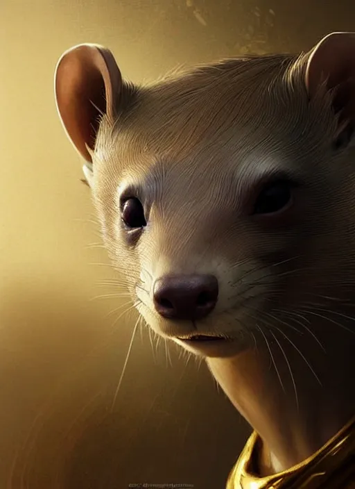 Prompt: a beautiful closeup shot from a fantasy film of a humanoid grey ferret with golden eyes wearing a loose tunic. an anthropomorphic ferret with gold eyes. joseph ducreux, greg rutkowski.