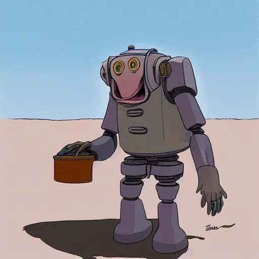 Prompt: a study of cell shaded cartoon of a grey robot baboon from howl's moving castle ( 2 0 0 4 ) on a desert road, full body, wide shot, very muted colors, post grunge, studio ghibli, laurie greasley, highly detailed, deviantart, art by artgem